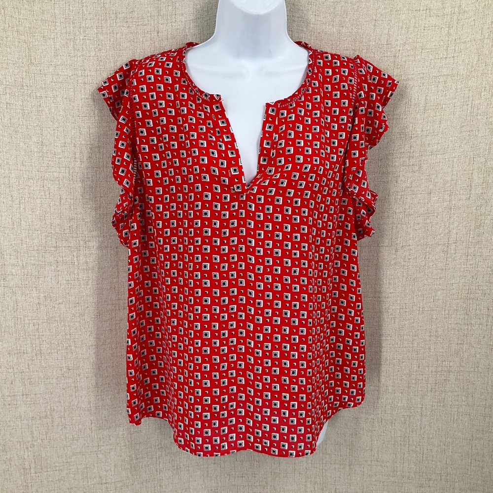 Zac & Rachel Blouse Women XL Red Geometric Flutter Sleeve Top Airy Office